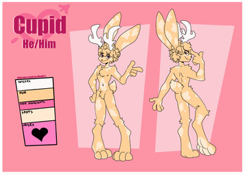 anthro antlers blonde_hair border butt cheek_tuft facial_tuft featureless_crotch fur hair half-closed_eyes heart_pupils heart_symbol highlights_(coloring) horn male multicolored_hair narrowed_eyes pink_highlights smile smirk smug smug_face solo text tuft two_tone_hair white_border yellow_body yellow_fur xing1 cupid_(jackel_usami) jackalope lagomorph mammal english_text hi_res model_sheet