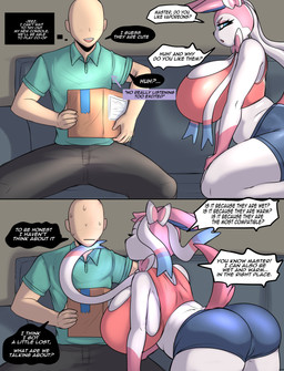 anthro anthrofied big_breasts big_butt blue_eyes bodily_fluids bottomwear box breasts butt clothed clothing container detailed_background dialogue duo eyelashes eyeless female furniture green_clothing green_shirt green_topwear hair huge_breasts human_on_anthro interspecies male male/female master mouth_closed open_mouth pants pink_hair pokemorph pokephilia pupils shirt shorts sitting smile sofa speech_bubble spread_legs spreading sweat text topwear white_body lobovalkiria nintendo pokemon eeveelution generation_6_pokemon human mammal pokemon_(species) sylveon absurd_res comic english_text hi_res