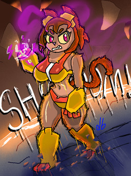 anthro brown_body brown_fur brown_hair clothing female fur gun hair lava onomatopoeia ranged_weapon solo sound_effects swimwear text weapon b._fireball gameoverse glitch_productions kit_bodega domestic_cat felid feline felis mammal english_text