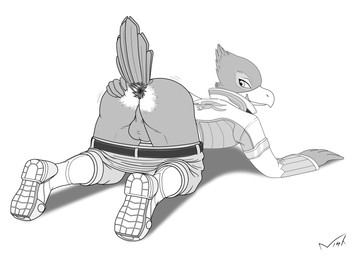 all_fours anthro anus balls beak belt boots bottomwear bottomwear_down butt clothed clothing feather_hands feathers footwear genitals hand_on_butt jacket looking_at_butt looking_at_own_butt looking_back looking_back_at_self male non-mammal_balls pants pants_down partially_clothed presenting presenting_hindquarters raised_tail shoes solo spread_butt spreading tail tail_feathers tongue tongue_out topwear nisharu nintendo star_fox falco_lombardi avian bird falcon falconid digital_media_(artwork) hi_res monochrome
