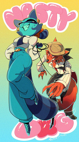 5_fingers anthro anthro_on_anthro black_nose blue_body blue_fur bottomwear breasts clothed clothing collar duo eyewear female fingers fur glasses grin hat headgear headwear holding_leash holding_object humanoid_hands interspecies leash leashed_collar male male/female necktie pants red_body red_fur shirt smile tail teeth topwear wearing_collar wearing_glasses wearing_hat squiderdoodle cazadora_(rentonreverb) dandy_(rentonreverb) canid canine canis coyote mammal procyonid raccoon 9:16 hi_res