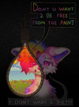 blue_sky blush blush_stickers bodily_fluids chest_tuft crying feral freckled_face freckles fur grass hair happy male multicolored_hair pink_body pink_eyes pink_fur pink_nose plant purple_body purple_fur rainbow_hair rainbow_text rope sky smile solo sparklefur suicidal suicidal_ideation tears text tuft m1ss1ngtexture halo_(m1ss1ngtexture) canid canine canis domestic_dog mammal 2025 hi_res