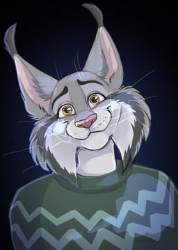 anthro clothed clothing fur grey_body grey_fur male smile solo tuft yellow_eyes haska disney zootopia pawbert_lynxley felid feline lynx mammal hi_res