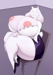 anthro big_breasts bodily_fluids bottomwear breasts chair clothing dress_shirt female footwear furniture high_heels horn huge_breasts huge_thighs hyper hyper_breasts inverted_nipples looking_at_viewer nipples pants pumps shirt shoes sitting smile solo sweat thick_thighs topwear white_body wide_hips kkoart undertale undertale_(series) toriel boss_monster_(undertale) bovid caprine goat mammal hi_res