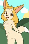 anthro areola blonde_hair breasts brown_eyes female fur genitals hair hands_behind_back innie_pussy long_hair medium_breasts navel nude open_mouth pussy smile solo tan_body tan_fur hikaridraws naked_penny penny_fenmore canid canine fennec_fox fox mammal true_fox 2:3 absurd_res hi_res