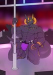 absurd_res anthro anubis aurelius_goldtalon black_body black_fur bulge canid canine canis clothed clothing deity detailed_background detailed_bulge domestic_dog egyptian_mythology fur hi_res horn male mammal middle_eastern_mythology muscular muscular_male mythology solo stripper underwear underwear_only unknown_(artist)