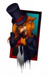 anthro artist black_nose blue_eyes clothed clothing female fingers fully_clothed fur fuzzy hair hat headgear headwear jacket long_hair looking_at_viewer necktie orange_body orange_fur orange_tail simple_background smile solo tail top_hat topwear amarihel tfs_amarihel_(character) canid canine fox mammal red_fox true_fox digital_drawing_(artwork) digital_media_(artwork) headshot_portrait hi_res portrait