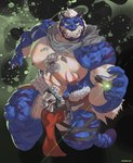 abs anthro barbell_piercing beard big_biceps big_deltoids big_pecs blue_body blue_eyes blue_fur bone bone_necklace bottomwear breechcloth chest_scar clothing deltoids facial_hair fur grey_hood grin hair jewelry loincloth magic magic_stone male muscular muscular_anthro muscular_male muscular_thighs necklace nipple_barbell nipple_piercing nipples pecs piercing red_bottomwear red_clothing red_loincloth red_sash scar smile solo striped_body striped_fur stripes white_body white_fur white_hair mako_pbw rigel_(skydtiger) felid mammal pantherine tiger 2025 hi_res