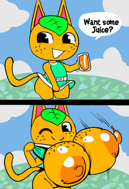 anthro areola big_areola big_breasts big_nipples black_eyes breasts clothing dialogue dress female freckled_breasts freckled_face freckles fur green_clothing green_dress green_hair hair hidden_buxom huge_areola huge_breasts huge_nipples juice_(beverage) leaf leaf_hair long_tail looking_at_viewer motion_lines nipples noseless one_eye_closed open_mouth open_smile orange_areola orange_body orange_ears orange_fur orange_juice orange_nipples orange_tail outside pink_inner_ear plant plant_hair pseudo_hair smile tail talking_to_viewer text wink winking_at_viewer dumbwitchyy animal_crossing nintendo tangy_(animal_crossing) domestic_cat felid feline felis mammal comic english_text hi_res