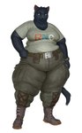 anthro belt black_body black_fur boots bottomwear clock clothing female footwear fur hand_on_belt high_waisted_bottomwear overweight overweight_anthro overweight_female pants shirt shoes simple_background solo standing topwear watch white_background cettus sarka_svobodova domestic_cat felid feline felis mammal 2022 hi_res