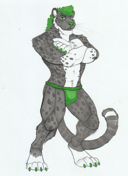 anthro claws clothed clothing crossed_arms facial_spots fangs finger_claws front_view fur green_claws green_clothing green_eyes green_hair green_nose green_tongue green_underwear grey_body grey_fur hair looking_at_viewer male male_anthro markings muscular muscular_anthro muscular_male open_mouth simple_background solo spots spotted_arms spotted_body spotted_face spotted_fur spotted_legs standing teeth toe_claws tongue topless underwear whiskers white_background white_body white_fur hufnaar felid mammal full-length_portrait hi_res portrait traditional_media_(artwork)