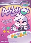 anthro blush bowl cereal container cutlery detailed_background eyes_closed female food fur kitchen_utensils long_ears purple_body purple_fur smile solo spoon text tools kirbybaby64 hunicast hunibun lagomorph leporid mammal rabbit english_text hi_res watermark