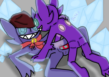 blue_crystal blue_eyes cave claws clothed clothed/nude clothing cowboy_hat duo female gem genitals glowing glowing_eyes green_eyes hat headgear headwear male male/female mega_stone nude penetration penile penile_penetration penis penis_in_vagina pink_gem purple_body reach_around red_gem red_ribbon sablenite smile smiling_at_another smiling_at_partner vaginal vaginal_penetration vulva dusk_(didhidi) screamoshaymin nintendo pokemon duende_(screamoshaymin) gremlin_(didhidi) generation_3_pokemon humanoid pokemon_(species) sableye