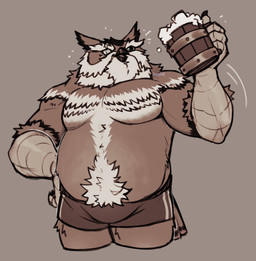 anthro belly bottomwear bulge clothing eye_scar facial_scar holding_tankard male scar shirtless shorts smile solo tankard vinnybox lox_oleum avian bird great_horned_owl horned_owl owl true_owl hi_res