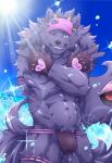 bulge clothed clothing fur gloves hair handwear hat headgear headwear male mane mane_hair muscular muscular_male one_eye_closed pose purple_body purple_fur seaside solo speedo sun swimwear tight_clothing visor wink orekemokemo lifewonders tokyo_afterschool_summoners bathym_(tas) canid canine canis demon mammal wolf