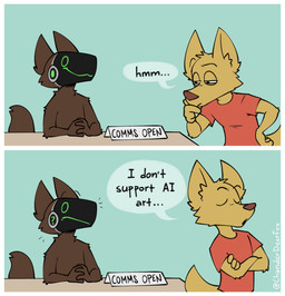2_panel_comic 4_fingers ai_generated_media_(subject) ambiguous_gender anthro black_eyes brown_body brown_fur clothing duo fingers frown fur machine open_mouth orange_body orange_fur red_clothing red_shirt red_topwear shirt smile text thinking thinking_pose topwear chanderdeerfox canid canine fox mammal protogen comic english_text hi_res