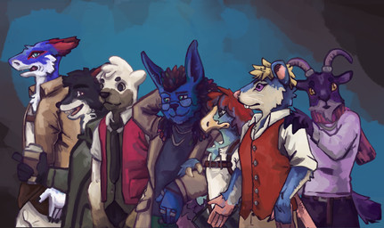 anthro black_eyes blue_background blue_body blue_eyes blue_fur brown_clothing brown_eyes clothing eyewear fur glasses grabbing_shoulders grey_body grey_fur group hair holding_arm horn jacket jewelry looking_at_viewer male military_clothing multicolored_hair necklace orange_hair pea_coat purple_body purple_clothing purple_eyes purple_fur purple_jacket purple_topwear red_body red_clothing red_fur red_hair red_topwear red_vest ring scarf shirt simple_background tail_coat tan_body tan_fur topwear vest wearing_glasses white_body white_clothing white_fur white_shirt white_topwear yellow_eyes anonymous_artist mori_ryker avian bovid canid canine caprine fox goat mammal murid murine mustelid nevrean otter rat rexouium rodent sergal time_lord absurd_res digital_media_(artwork) digital_painting_(artwork) hi_res painting_(artwork)