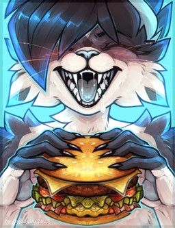 ambiguous_gender anthro bangs blue_tongue blush blush_lines bodily_fluids burger eyes_closed fangs food holding_food holding_object mouth_shot open_mouth saliva saliva_string simple_background solo symmetry teeth tongue whiskers zegzagun domestic_cat felid feline felis mammal 2025 absurd_res hi_res