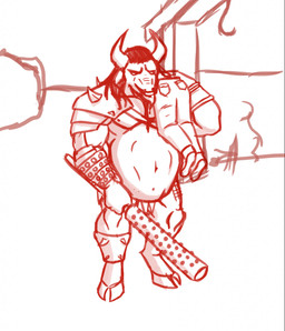 abdominal_bulge after_vore anthro anthro_pred armor beard belly big_belly club_(weapon) duo facial_hair horn male male_pred melee_weapon muscular muscular_male size_difference vore weapon khiaroscuro dead_by_daylight european_mythology greek_mythology mythology the_oni_(dead_by_daylight) bovid bovine cattle human mammal minotaur hi_res