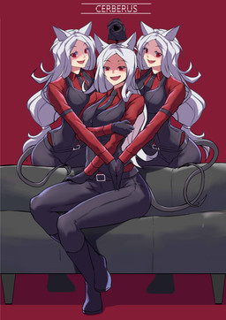 boots bottomwear clothing female footwear furniture gloves group handwear looking_at_viewer open_mouth pants red_eyes shoes sitting sofa suit trio torahime helltaker cerberus_(helltaker) animal_humanoid demon humanoid 2020 absurd_res hi_res