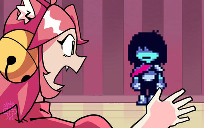 5_fingers :3 :< ahoge ambiguous_gender armor bangs bell_accessory bell_hair_tie black_hair bloodshot_eyes blue_body blush blush_lines bulging_eyes chips_(food) close-up clothed clothed_ambiguous clothed_female clothed_humanoid clothing crystal cute_fangs dot_eyes double_take duo eating emotionless eyelashes eyes_closed fangs female fingers food food_on_face front_view fully_clothed fully_clothed_ambiguous fully_clothed_female fully_clothed_humanoid giving_gift glistening glistening_hair gloves green_eyes hair hand_in_pocket handing_over handwear heart_symbol holding_object horrified horror_(expression) humor inner_ear_fluff inside jewelry jumpscare lip_sync long_hair looking_at_another looking_at_viewer music necklace obscured_eyes open_mouth open_smile perfectly_cut_scream pink_hair pockets profanity red_eyes scarf screaming side_bangs side_view simple_eyes smile smiling_at_another smiling_at_viewer sparkles sprite_art tail tail_motion tailwag talking_to_another talking_to_viewer teeth teeth_showing text tuft hallow_ice jumpscare_warning sound_warning deltarune undertale_(series) kris_dreemurr mad_mew_mew mew_mew_(undertale) pink_(deltarune) animal_humanoid felid felid_humanoid feline feline_humanoid human humanoid mammal mammal_humanoid soul_(undertale) 2026 2d_animation animated artist_name colored detailed english_audio frame_by_frame hi_res shaded short_playtime signature sound video voice_acted