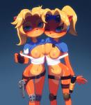 5_fingers activision anthro bandicoot belt blonde_hair bottomless breast_squish breasts breasts_frottage clone clothed clothing coco_bandicoot crash:_mind_over_mutant crash_bandicoot_(series) crotch_lines digital_media_(artwork) duo eyebrows eyelashes eyewear female fingerless_gloves fingers flashlight gloves goggles green_eyes hair handwear humanoid_hands jewelry kempferzero knee_pads looking_at_viewer mammal marsupial mostly_nude necklace nipples one_eye_closed plantigrade small_breasts square_crossover squish teasing undressing wink