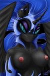 alternate_form anthro anthrofied areola armor armwear bedroom_eyes big_breasts big_eyes big_hair big_wings black_background black_body black_feathers black_horn black_skin black_wings blue_armor blue_eyes blue_hair blue_headgear blue_helmet blue_sclera breasts casual_exposure clothed clothing ear_piercing erect_nipples ethereal_hair eyelashes eyeliner eyeshadow feathered_wings feathers female fluffy fluffy_hair front_view glistening glistening_armor glistening_eyes glistening_hair glistening_headgear glistening_helmet hair half-closed_eyes headgear helmet horn ineffective_clothing long_eyelashes long_hair long_horn looking_at_viewer looking_forward makeup mascara narrowed_eyes nipples piercing pink_areola pink_nipples pointy_ears pose prick_ears pseudo_hair pupils purple_eyeshadow royalty seductive simple_background slit_pupils smile snout solo spread_wings unconvincing_armor unicorn_horn wavy_hair wings m-b-p friendship_is_magic hasbro my_little_pony mythology nightmare_moon_(mlp) equid equine mammal mythological_creature mythological_equine winged_unicorn 2:3 absurd_res bust_portrait cool_colors hi_res pinup portrait signature