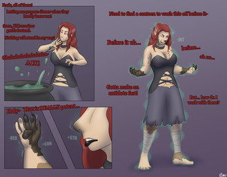accidental_transformation anthro black_spots bottomwear brown_body brown_fur cauldron claws clothing fangs female finger_claws first_person_view fur fur_growth growth hair hands_to_paws human_to_anthro intelligence_loss looking_at_hand looking_at_self loss_of_dexterity magic_user mid_transformation pawpads potion red_eyes red_hair simple_background skirt snout snout_growth solo species_transformation spots stat_change surprised teeth text transformation transformation_by_substance transformation_potion transformation_pov transformation_sequence verbal_reaction_to_tf witch diethyl gnoll human hyena mammal spotted_hyena absurd_res comic english_text hi_res