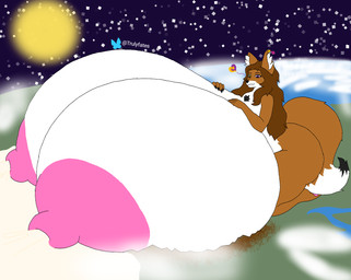 anthro big_breasts big_butt bodily_fluids breasts butt cloud ear_piercing ear_ring female heart_symbol huge_breasts huge_butt hyper hyper_breasts kneeling lactating macro milk piercing planet ring_piercing solo space star sun thick_thighs wide_hips truly_fates_(artist) truly_fates(oc) canid canine fox mammal hi_res