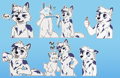 anthro black_claws black_eyebrows black_nose blue_background blue_body blue_collar blue_ears blue_eyes blue_fur blue_hair blue_inner_ear_fluff blue_leash blue_nose cheek_tuft chest_tuft claws collar dipstick_ears duo ear_markings eyebrow_through_hair eyebrows facial_tuft fangs finger_claws front_view fur gesture glistening glistening_eyes gradient_background hair hand_gesture hand_on_hip headpat inner_ear_fluff leash leash_pull male multicolored_ears neck_tuft open_mouth pink_tongue sad short_hair simple_background solo speech_bubble sticker_pack teeth telegram_sticker thumbs_up tongue translucent translucent_hair tuft white_body white_ears white_fur white_hair white_inner_ear_fluff martinballamore ych_(character) absurd_res hi_res multiple_images
