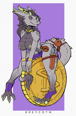 anthro bottomwear breasts claws clothing coin eyes_closed female hair huge_hips huge_thighs hyper hyper_hips knife loincloth sitting small_waist smile solo thick_thighs wide_hips dreycothewyrm kobold scalie hi_res