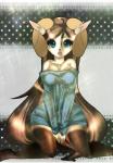 anthro biped blue_eyes breasts cleavage clothed clothing female hair kneeling long_hair looking_at_viewer solo sweater topwear wide_hips ere-yandara bovid caprine goat mammal