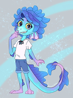 4_fingers abstract_background ambiguous_gender anthro blue_hair clothed clothing fingers hair looking_at_viewer smile solo split_form standing yellow_eyes icelectricspyro disney luca_(pixar) pixar fan_character aquatic merfolk 2021 digital_media_(artwork) hi_res