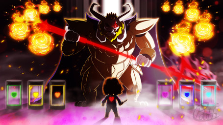 ambiguous_gender anthro armor beard blonde_hair cape clothing container crown dagger duo facial_hair hair headgear horn magic magic_user male mature_anthro mature_male melee_weapon polearm shirt soul spear topwear trident weapon pdubbsquared undertale undertale_(series) asgore_dreemurr frisk_(undertale) boss_monster_(undertale) bovid caprine human mammal 16:9 2016 4k absurd_res hi_res wallpaper widescreen
