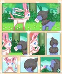 ambiguous_gender black_body black_fur blue_eyes blush canid canine comic deino duo eeveelution english_text feral forest forest_background fur generation_5_pokemon generation_6_pokemon hair hair_over_eyes heart_symbol i_love_you jirachicute28_(artist) letter mammal nature nature_background nintendo open_mouth plant pokemon pokemon_(species) question_mark sylveon text tree white_body white_fur