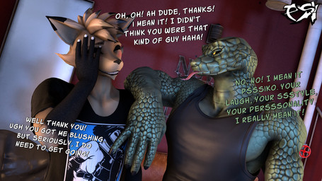 anthro arm_on_shoulder black_body black_clothing black_fur black_highlights black_sclera black_shirt black_tank_top black_topwear blush brown_body brown_fur brown_hair clothed clothed_anthro clothed_male clothing dialogue duo fur green_body green_scales hair highlights_(coloring) male multicolored_body multicolored_fur multicolored_hair scales shirt t-shirt tank_top text tongue tongue_out topwear two_tone_body two_tone_fur two_tone_hair yellow_eyes psikokinetic petruz_(modeler) warfaremachine_(modeler) isamu_(psikokinetic) psiko_(psikokinetic) canid canine canis jackal mammal reptile scalie snake 16:9 2024 3d_(artwork) 4k absurd_res digital_media_(artwork) english_text hi_res source_filmmaker_(artwork) widescreen