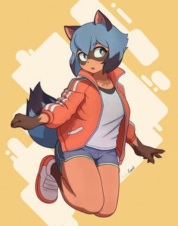anthro biped blue_hair bottomwear breasts claws clothed clothing dipstick_tail dolphin_shorts facial_markings female footwear fur gloves_(marking) hair head_markings jacket markings mask_(marking) midair multicolored_eyes open_mouth orange_body orange_fur shirt shoes shorts simple_background small_breasts sneakers solo tail tail_markings thick_thighs three-quarter_view topwear track_jacket yellow_background kintsugeist brand_new_animal studio_trigger michiru_kagemori canid canine mammal raccoon_dog tanuki 2023 absurd_res full-length_portrait hi_res portrait signature