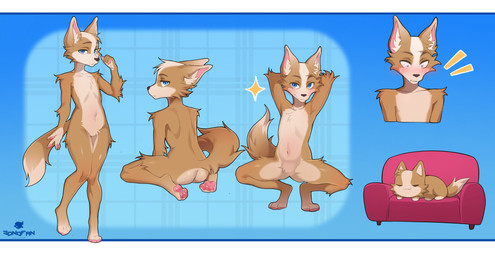 anthro blue_eyes blush brown_body brown_fur butt crouching embarrassed featureless_crotch fluffy fluffy_ears fluffy_tail fur furniture hands_behind_head male naughty_face nude pawpads seducing_viewer seductive simple_background solo spread_legs spreading tail sonofan absurd_res hi_res