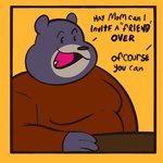 anthro black_body border clothing dialogue holidays male offscreen_character offscreen_female open_mouth open_smile simple_background smile snaggle_tooth solo text topwear yellow_background yellow_border anukkyt thanksgiving bear black_bear mammal ursine 1:1 2023 english_text hi_res