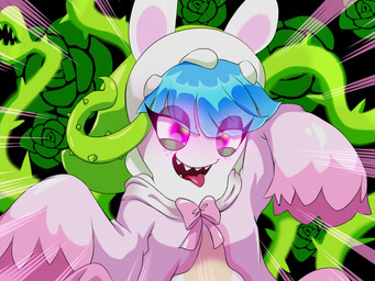 anthro bangs blue_hair clothed clothed_anthro clothed_female clothing eye_through_hair eyelashes female female_anthro floral_background flower freckled_face freckles fur green_clothing green_eyelids green_hat green_headwear hair hat headgear headwear light long_ears motion_lines multicolored_body noseless open_mouth open_smile pink_freckles pink_inner_ear plant purple_clothing purple_eyes purple_shirt purple_topwear red_tongue sharp_teeth shirt smile solo tan_body tan_skin teeth text thorns tongue tongue_out topwear translucent translucent_hair vines white_body white_fur jooniethenight mario_bros mario_plus_rabbids_sparks_of_hope nintendo raving_rabbids rayman_(series) ubisoft daphne_(mario_plus_rabbids) spark_hunter elemental_creature flora_fauna hybrid lagomorph mammal rabbid 2022 4:3 artist_name colored crossover digital_drawing_(artwork) digital_media_(artwork) half-length_portrait lighting portrait shaded