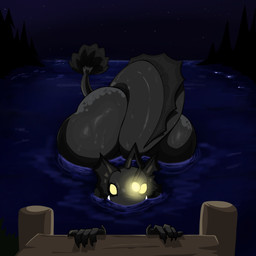 anthro big_butt black_body black_scales butt empty_eyes female fish_tail front_view huge_butt looking_at_viewer lure_(anatomy) night partially_submerged pier scales solo wide_hips yellow_eyes gallo_wazavi anglerfish aquatic fish 1:1 hi_res