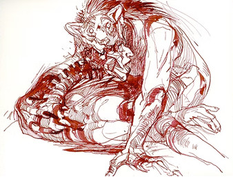ambiguous_gender anthro blood bodily_fluids bone drooling duo exposed_bone hard_vore head_in_mouth human_on_anthro interspecies nude saliva simple_background spine vore white_background geordie_millar guillermo_del_toro's_cabinet_of_curiosities felid human mammal monster pantherine tiger werecreature werefelid werepantherine weretiger concept_art official_art sketch traditional_media_(artwork)