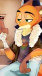 anthro bandage bottomwear clothed clothing fully_clothed fur green_eyes half-closed_eyes male narrowed_eyes orange_body orange_fur pants shirt sitting solo topwear bubblecop disney zootopia nick_wilde canid canine fox mammal red_fox true_fox hi_res signature