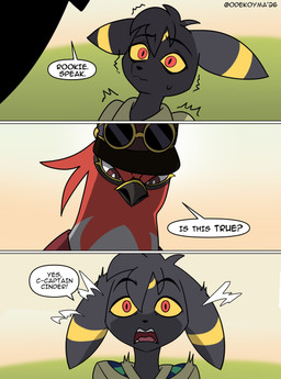 3_panel_comic anthro beak black_beak black_body black_eyebrows black_fur black_hair black_text bodily_fluids brown_eyes clothed clothed_anthro clothed_female clothed_male clothing collared_shirt dialogue duo ears_down eyebrows eyewear eyewear_on_head feathers female fur goggles goggles_on_head grass green_clothing green_shirt green_topwear grey_body grey_feathers hair harmony_scarf hat headgear headwear kerchief looking_at_another male markings mouth_closed neckerchief neckwear open_mouth outside pattern_kerchief pattern_neckerchief peaked_cap pivoted_ears plant red_body red_clothing red_eyes red_feathers red_shirt red_topwear ring_(marking) rings_on_arms shaking shirt sky speech_bubble standing striped_kerchief striped_neckerchief sweat text topwear tremble_spikes trembling wearing_hat yellow_body yellow_fur yellow_sclera odeko-yma nintendo pokemon pokemon_mystery_dungeon spike_chunsoft captain_cinder_(odeko-yma) lucky_(odeko-yma) eeveelution generation_2_pokemon generation_6_pokemon pokemon_(species) talonflame umbreon 2026 absurd_res artist_name comic english_text hi_res