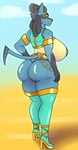 anthro big_breasts big_butt blue_body boots breasts butt butt_focus clothing egyptian egyptian_clothing eyeshadow female footwear glistening glistening_body gold_(metal) gold_jewelry hair hair_bun high_heeled_boots high_heels holowear_(pokemon) huge_breasts huge_butt jewelry legwear looking_at_viewer makeup mature_female pasties shoes solo thick_thighs thigh_boots thigh_highs jigglephysics nintendo pokemon pokemon_unite millie_(jigglephysics) ruins_style_lucario canid generation_4_pokemon lucario mammal pokemon_(species) absurd_res hi_res