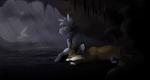 ambiguous_gender black_nose blue_eyes cave day detailed_background duo electricity female feral fur grey_body grey_fur grey_hair hair lightning lying outside paws raining kitchiki topaz_(lipton) canid canine mammal