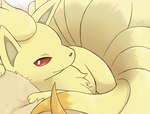 9_tails ambiguous_gender brown_sclera dipstick_tail feral fur head_on_pillow looking_at_viewer lying markings multi_tail on_front orange_tail_tip pillow solo tail tail_markings tan_body tan_fur white_eyes rumine nintendo pokemon generation_1_pokemon ninetales pokemon_(species)