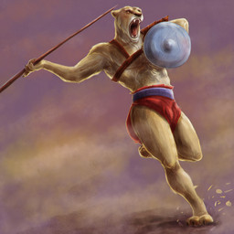 abstract_background anthro brown_eyes fangs front_view fur holding_melee_weapon holding_object holding_polearm holding_shield holding_spear holding_weapon male male_anthro melee_weapon narrowed_eyes open_mouth orange_sclera polearm running shield solo spear tan_body tan_fur teeth weapon satanic_monkey felid mammal 1:1 hi_res