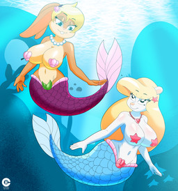 anthro big_breasts blonde_hair blue_eyes blush body_blush breast_blush breasts buckteeth duo female fur hair jewelry navel necklace orange_body orange_fur pasties pink_nose ponytail_ears sea seashell_pasties split_form star_pasties starfish_(accessory) teeth water white_body white_fur cranebear animaniacs looney_tunes warner_brothers lola_bunny minerva_mink aquatic asterozoan echinoderm lagomorph leporid mammal merfolk mink mustelid musteline rabbit starfish true_musteline absurd_res hi_res