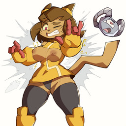 anthro areola big_breasts black_clothing black_legwear black_panties black_stockings black_underwear breasts brown_body brown_eyebrows brown_fur brown_hair clothing duo eyebrows female female_anthro female_focus fur hair horizontal_pupils impact_lines legwear machine nipples one_eye_closed panties pupils red_eyes robotic_arm robotic_leg shirt simple_background stockings surprised tail topwear torn_clothing torn_shirt torn_topwear underwear wardrobe_malfunction whiskers white_background yellow_clothing yellow_sclera yellow_shirt yellow_topwear kironzen gameoverse glitch_productions kaboodle_(gameoverse) kit_bodega domestic_cat felid feline felis mammal robot waddling_head 1:1 2026 hi_res